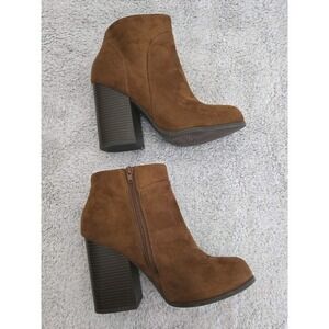 Womens Ankle Boots Sz 7.5 Brown Faux Suede Block Heel Side Zip Closure Booties